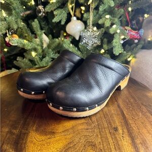 Sanita Black Leather Mules with Wood Accents